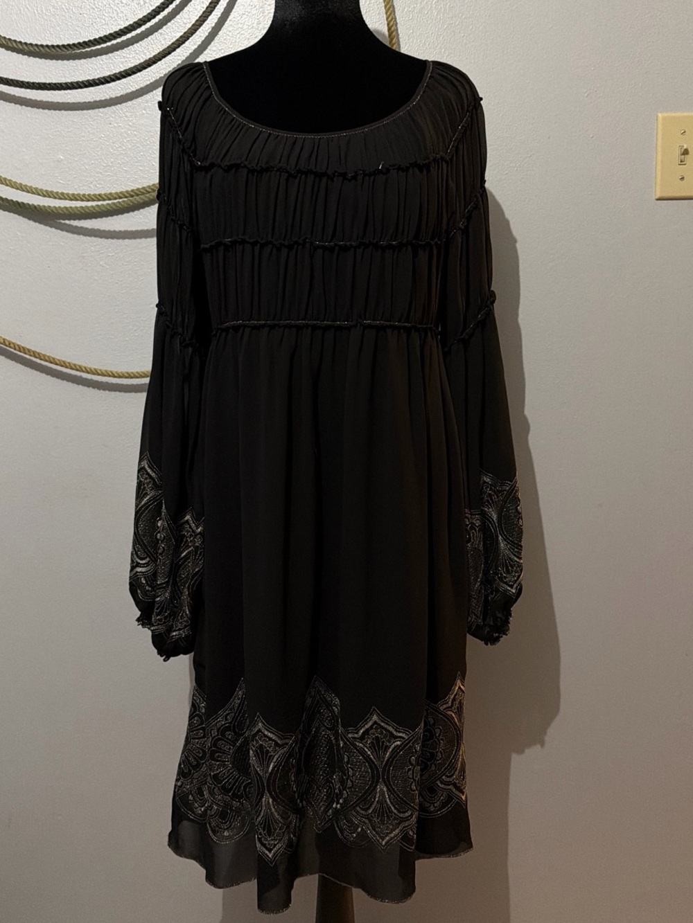 Max Studio Black Long-Sleeve Embroidered Border Tunic Dress